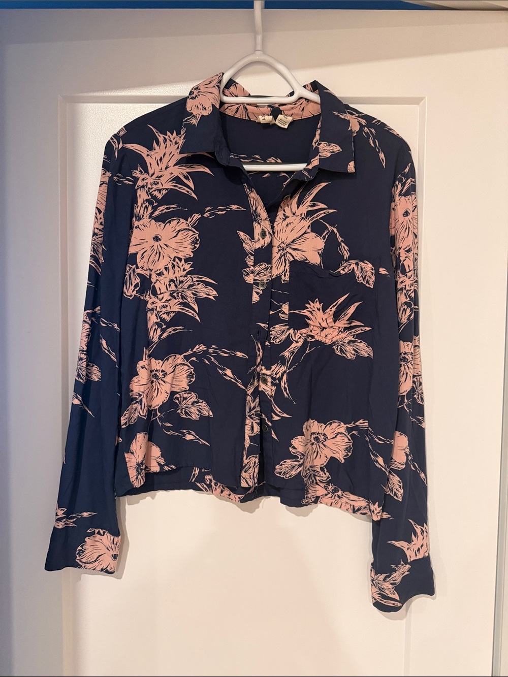 Roxy Navy Button-Down Shirt with Blush Floral Print